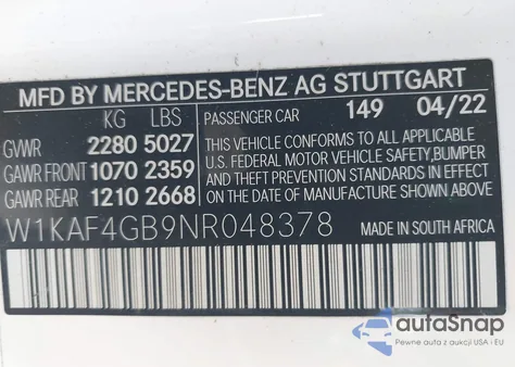 2022 Mercedes-Benz C 300 Sedan from USA, damaged, VIN W1KAF4GB9NR048378